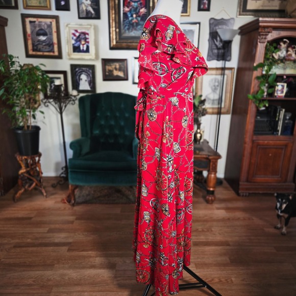 Vintage Y2K Yessica Red  Wheel Chain Print Maxi Dress Flutter Sleeve Square Neck - Picture 7 of 7